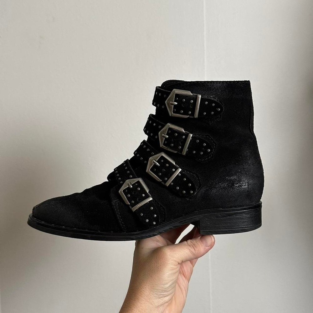Miz Mooz Edgy Black Suede Buckle Ankle Boots Silver Studs Womens 38 7-7.5